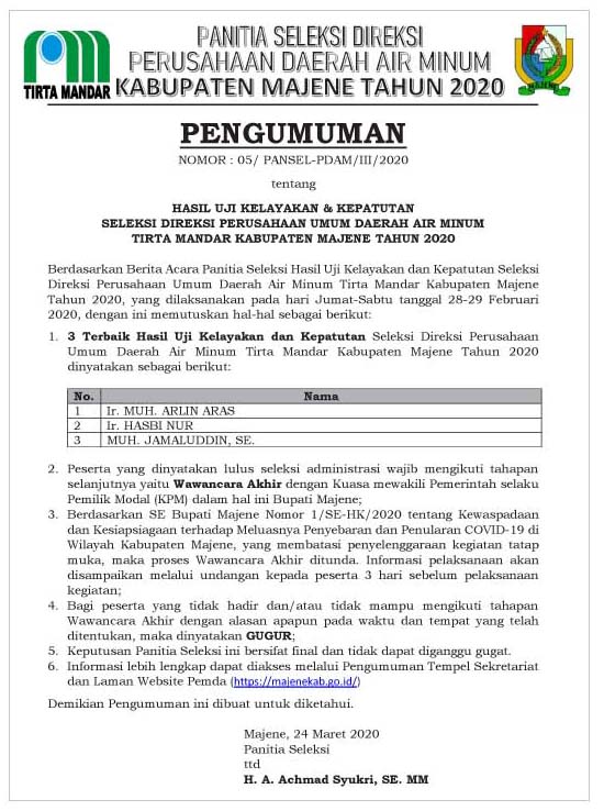 Tiga Nama Terbaik Pada Uji Kelayakan dan Kepatutan Seleksi Direksi PDAM Makassar