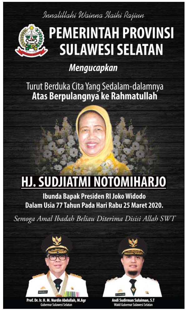 Pemrov Sulsel Ucapkan Turut Berduka Cita Atas Meninggalnya Ibunda Presiden Jokowi