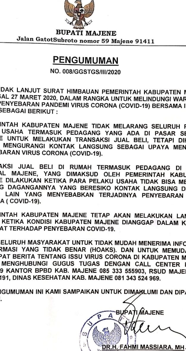 Bupati Imbau Pedagang Pasar Kurangi Kontak Langsung Pembeli