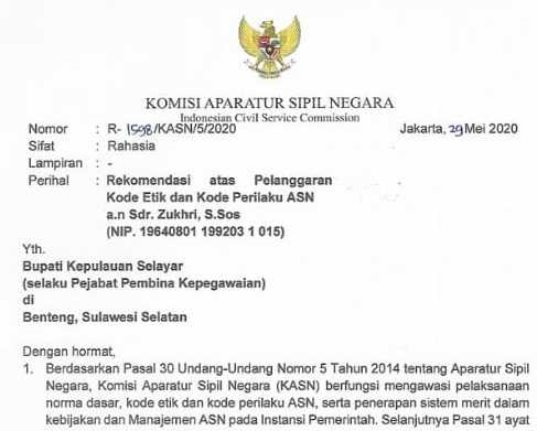 KASN Minta Bupati Tindak ASN Pelanggar Kode Etik dan Kode Perilaku