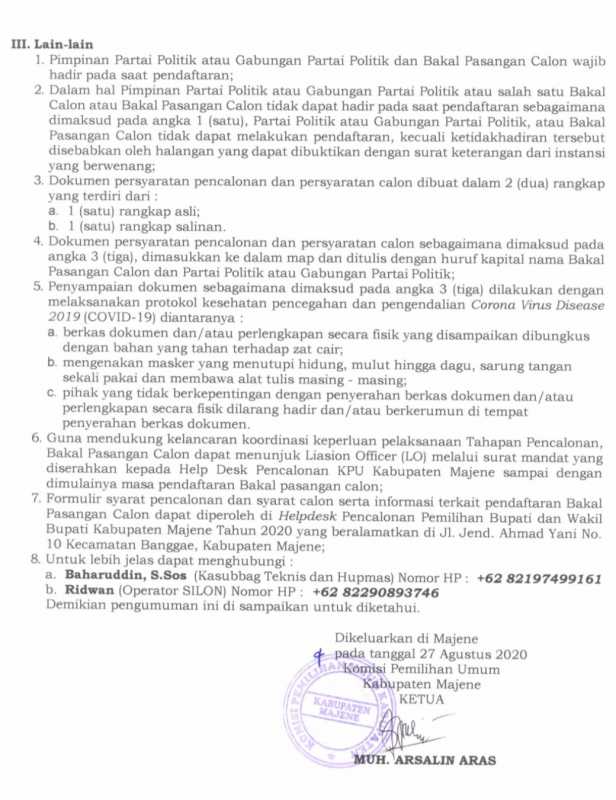 Pengumuman Pendaftaran Bakal Pasangan Calon Bupati dan Wakil Bupati Dari Partai Politik atau Gabungan Partai Politik Pada Pemilihan Bupati dan Wakil Bupati Kabupaten Majene 2020