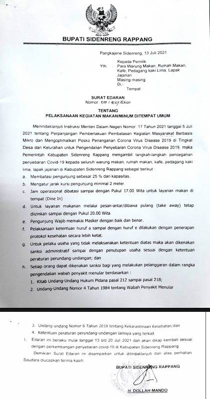Tekan Penyebaran Covid-19, Bupati Sidrap Terbitkan Surat Edaran Pelaksanaan Kegiatan Makan/Minum di Tempat Umum