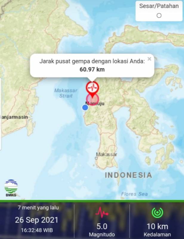 Gempa Magnitudo 5,0 Guncang Kabupaten Mamuju Tengah