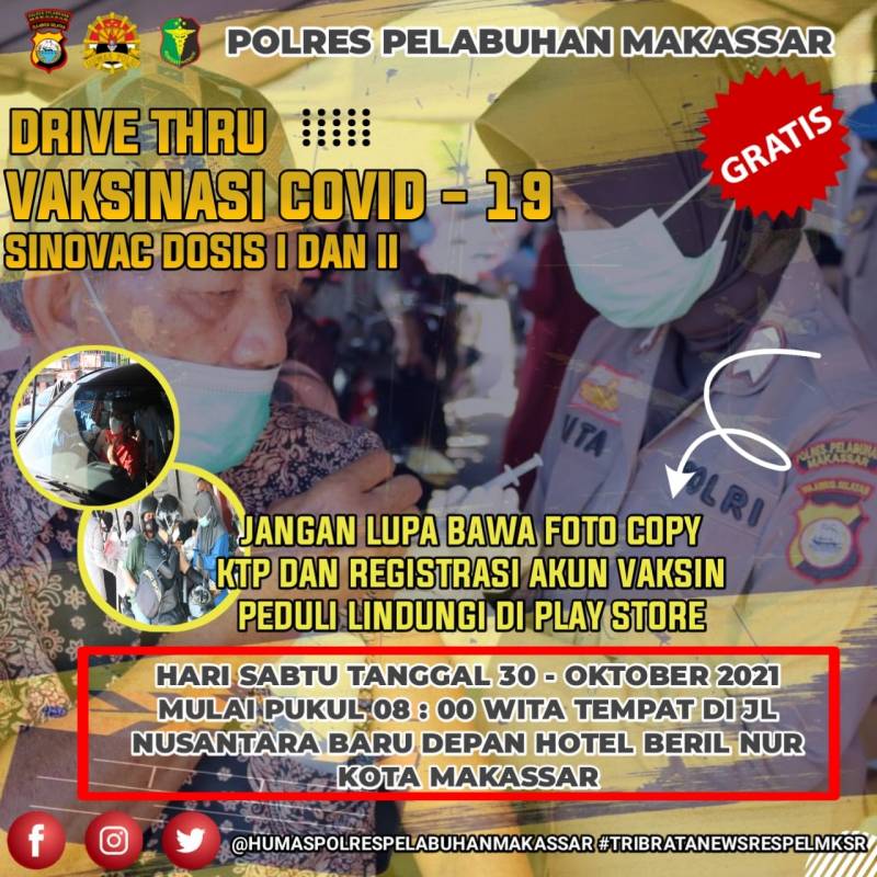 Ayo Ikut Vaksin Covid-19! Ini Jadwal Vaksinasi Drive Thru Polres Pelabuhan Makassar