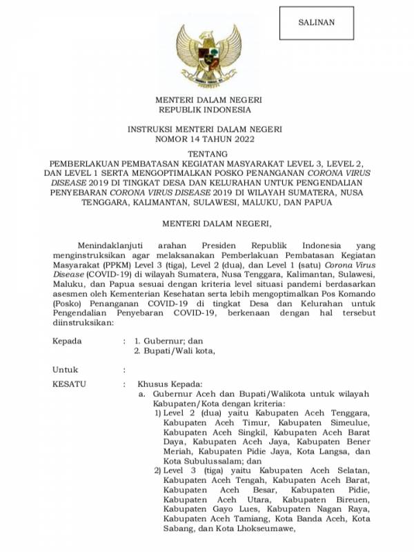 Mendagri Tetapkan Majene PPKM Level 3