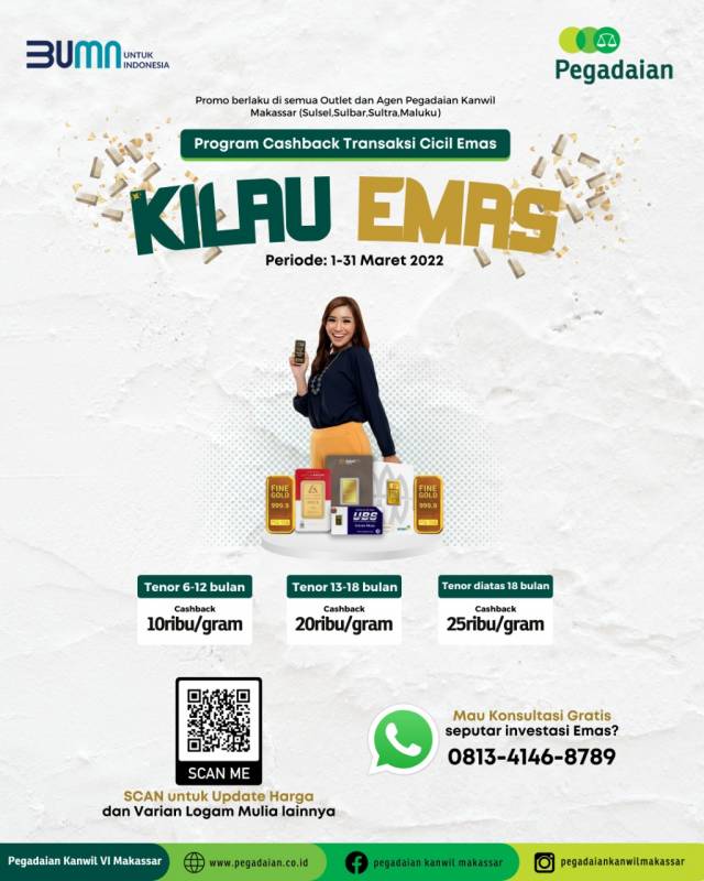 Dapatkan Cashback Transaksi Cicil Emas "Kilau Emas" dari Pegadaian