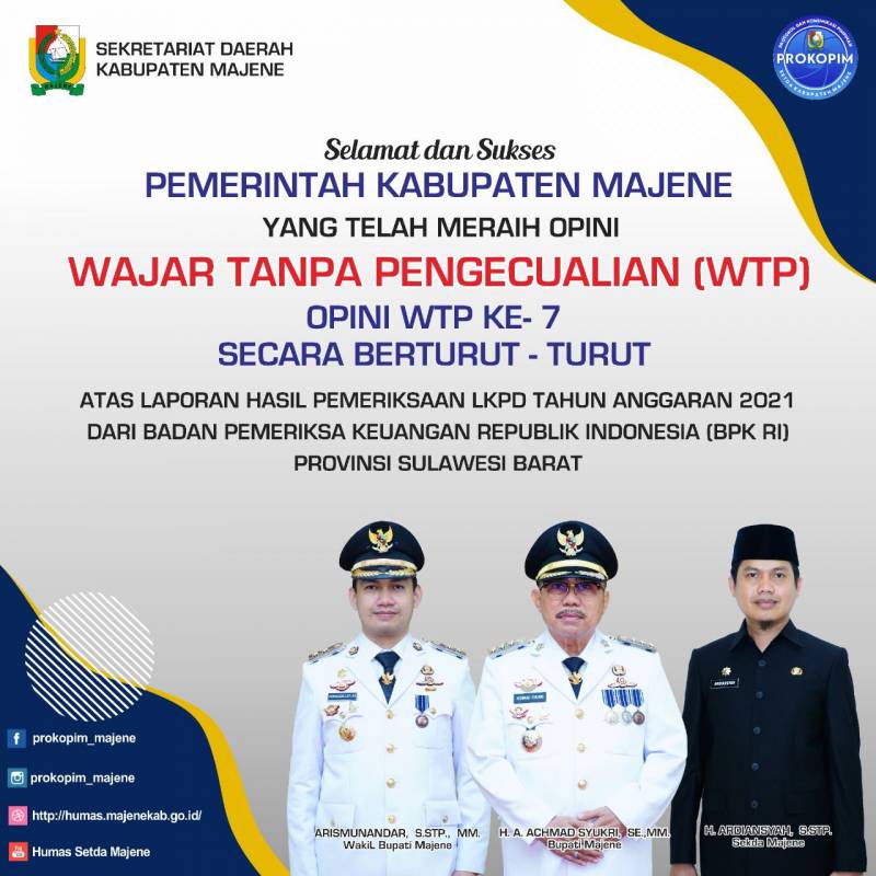Pemkab Majene Kembali Raih Predikat WTP 7 Kali Berturut-turut