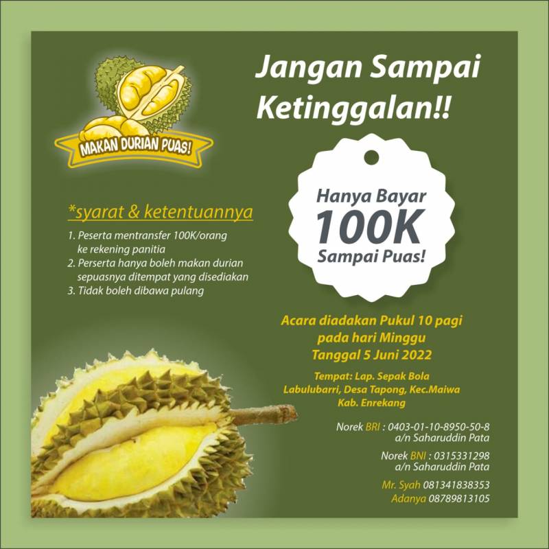 Hanya Bayar Rp100 Ribu Makan Durian Sepuasnya di Tapong Enrekang