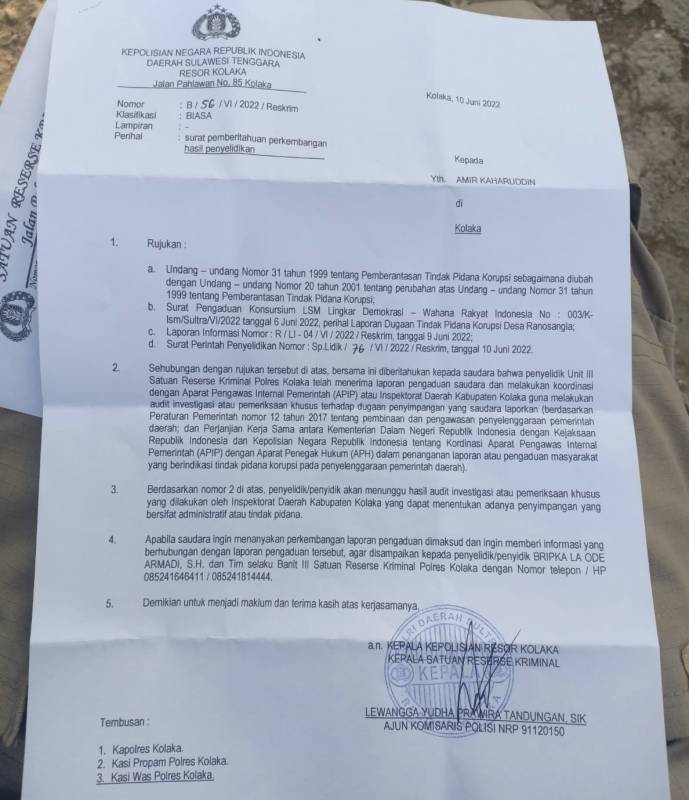 Polres Kolaka Tindaklanjuti Laporan Dugaan Tipikor Kades Ranosangia