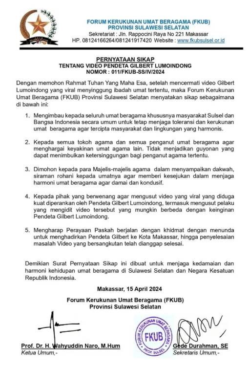 Video Viral Pendeta Gilbert, FKUB Sulsel Keluarkan Pernyataan Sikap