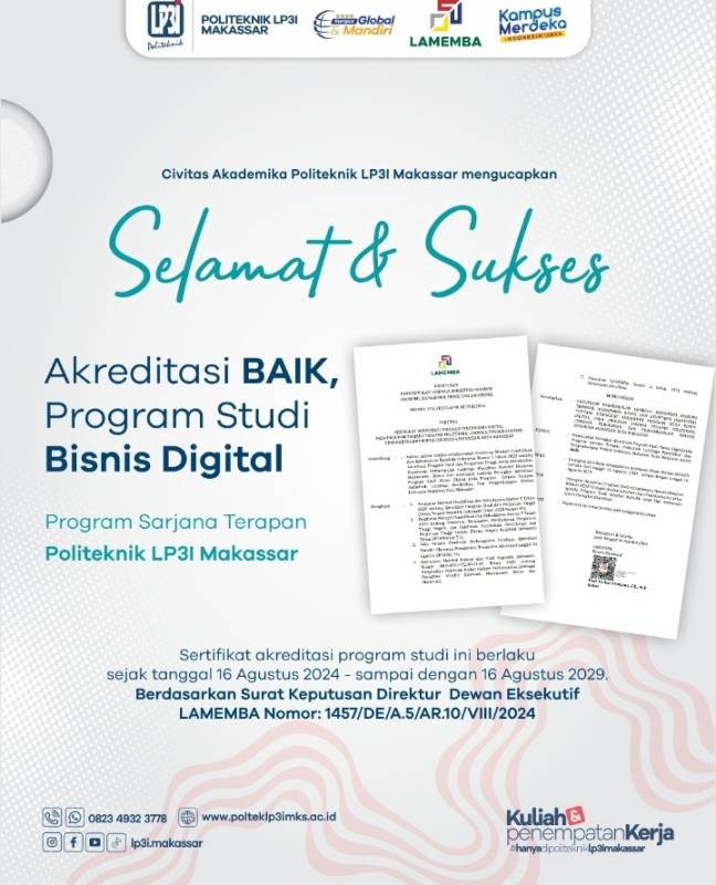 Prodi Bisnis Digital Politeknik LP3I Makassar Raih Akreditasi BAIK dari Lamemba