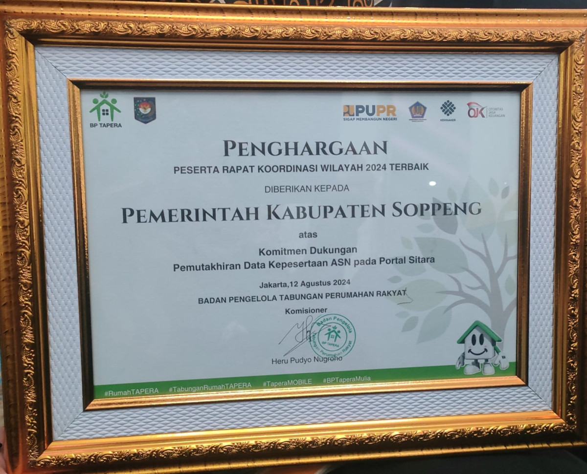 Selamat! Soppeng Raih Penghargaan Data ASN Portal Sitara BP TAPERA
