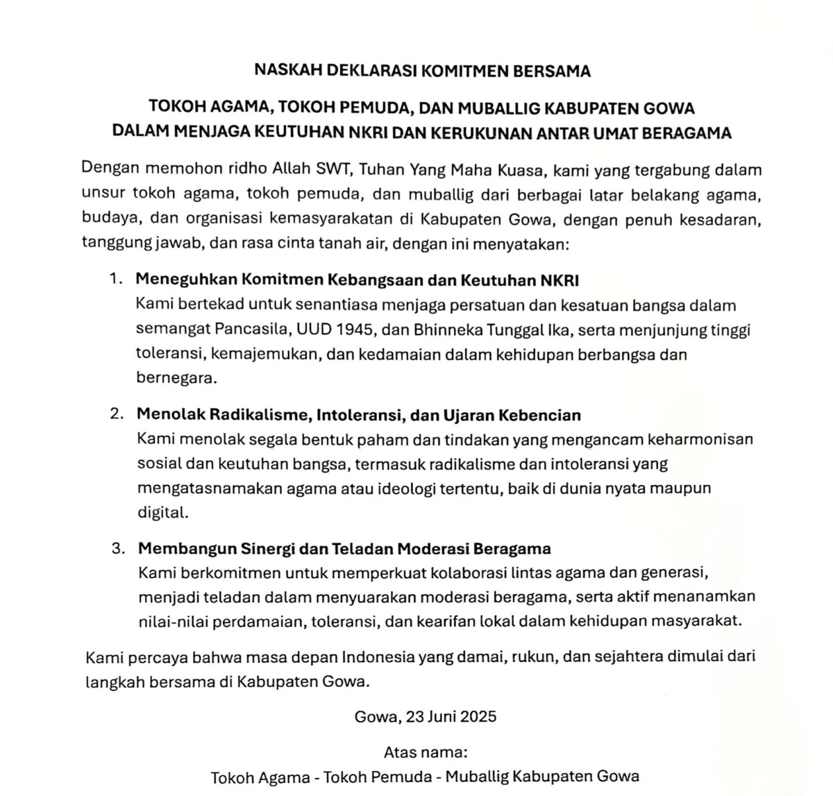 Tokoh Agama, Tokoh Pemuda dan Muballig di Gowa Deklarasi Jaga Keutuhan NKRI - Kerukunan