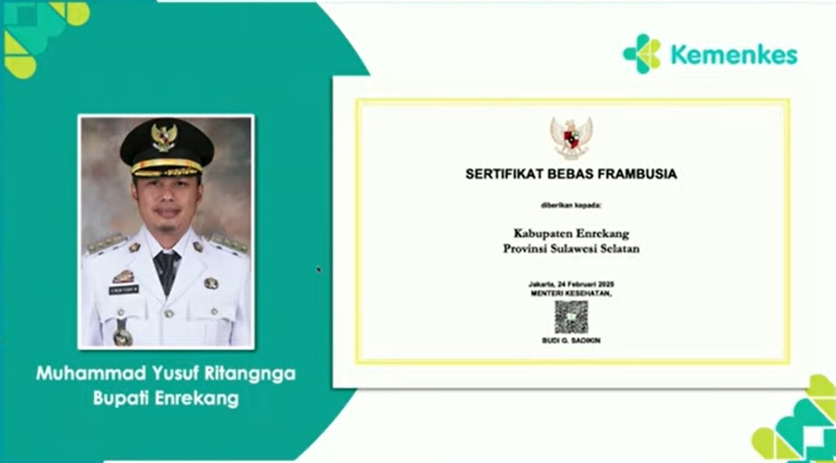 Enrekang Raih Sertifikat Sebagai Kabupaten Bebas Frambusia 2025.
