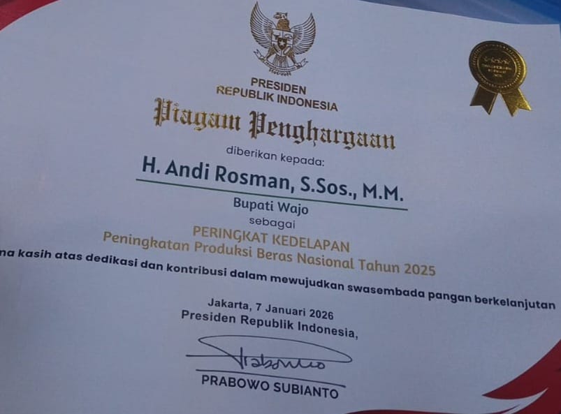 Bupati Wajo Terima Penghargaan Presiden Prabowo
