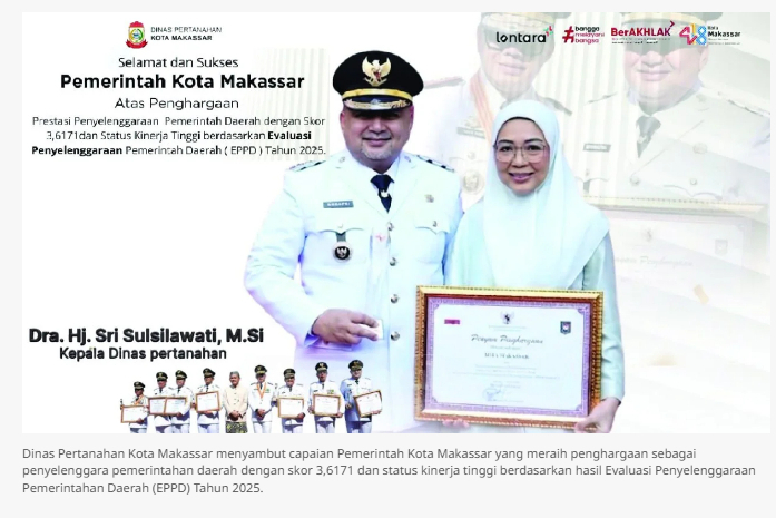 Dinas Pertanahan Makassar Raih Penghargaan APBD 2025, Bukti Komitmen Tingkatkan Kinerja dan Pelayanan Publik
